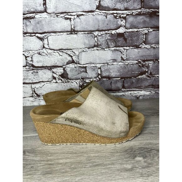 Papillio Birkenstock Metallic Silver Shimmer Cork Wedge Slide Sandals Women 40EU - Picture 3 of 16